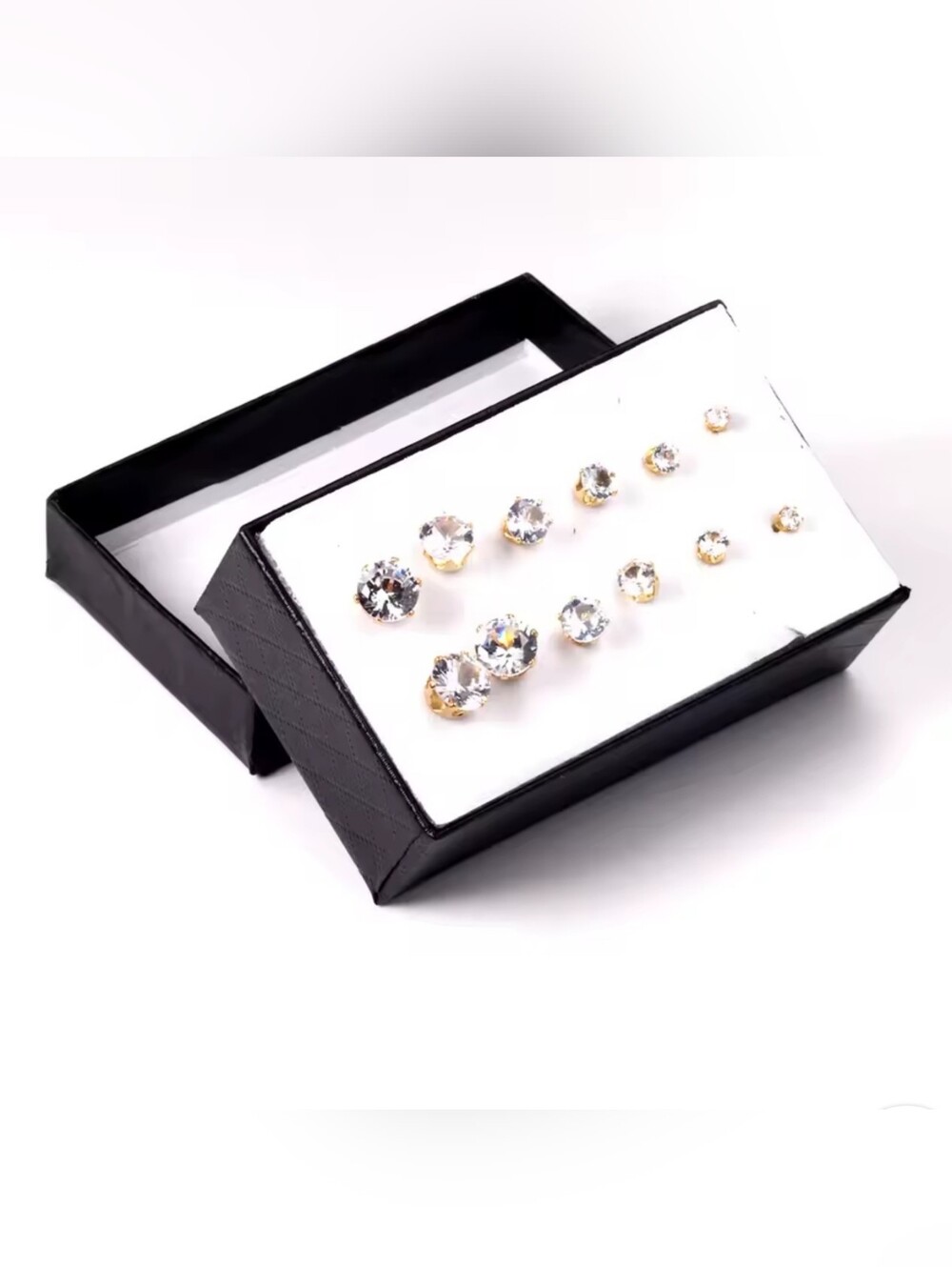 Stainless Steel Anti-allergy Earrings Cubic Zirconia,  White N Gold,  6-pair box